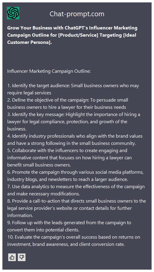  Grow Your Business with ChatGPT's Influencer Marketing Campaign Outline for [Product/Service] Targeting [Ideal Customer Persona].