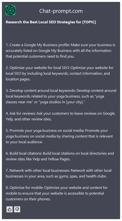  Unlock Maximum Visibility with ChatGPT: Research the Best Local SEO Strategies for [TOPIC]